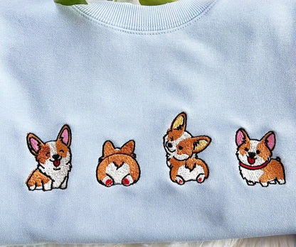 Cute Corgi Dog Embroidered Sweatshirt | Cute Dog Embroidered Hoodie | Pet Embroidery T-shirt | Embroidered Dog Lover Crew Neck Sweatshirt