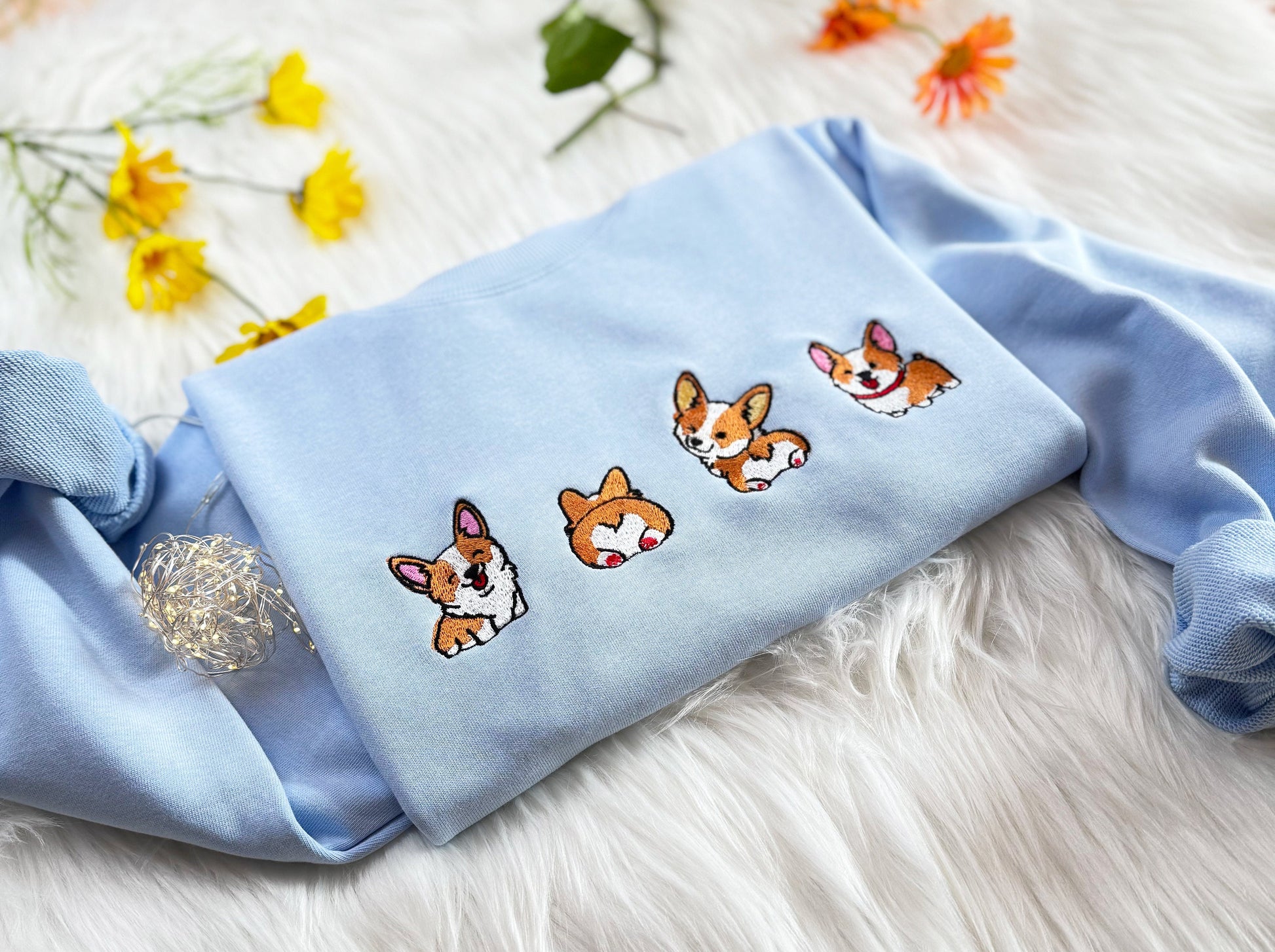 Cute Corgi Dog Embroidered Sweatshirt | Cute Dog Embroidered Hoodie | Pet Embroidery T-shirt | Embroidered Dog Lover Crew Neck Sweatshirt