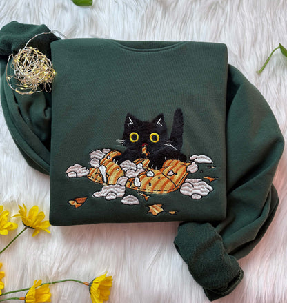 Embroidered Cat Play Pillow Sweatshirt | Cute Cat Embroidered Hoodie | Embroidery Cat T-shirt | Embroidered Cute Cat Crew Neck Sweatshirt