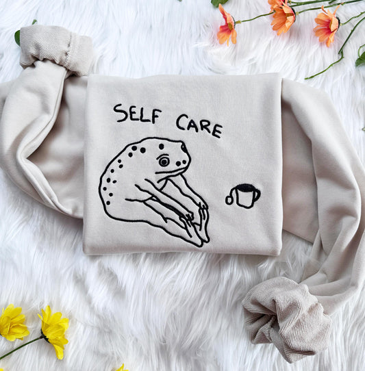 Embroidered Funny Frog Self Care Sweatshirt, Funny Retro Embroidered Hoodie, Embroidery Cottagecore T-shirt, Funny Crew Neck Sweatshirt