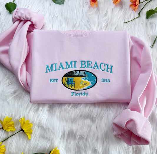 Embroidered Miami Beach Sweatshirt, Florida Embroidered Hoodie, Embroidered Miami, Embroidered State Crew Neck Sweatshirt, T-shirt, Hoodie