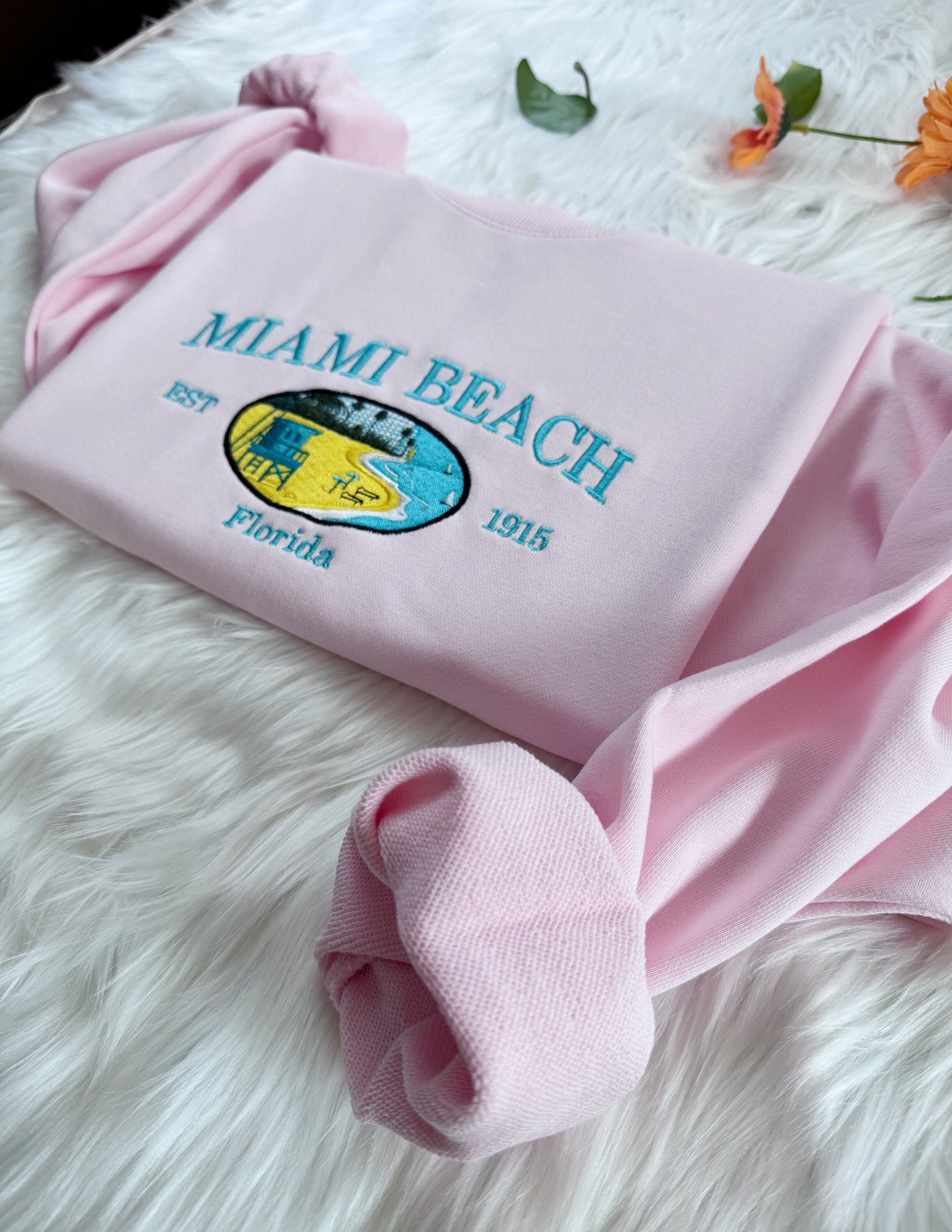 Embroidered Miami Beach Sweatshirt, Florida Embroidered Hoodie, Embroidered Miami, Embroidered State Crew Neck Sweatshirt, T-shirt, Hoodie