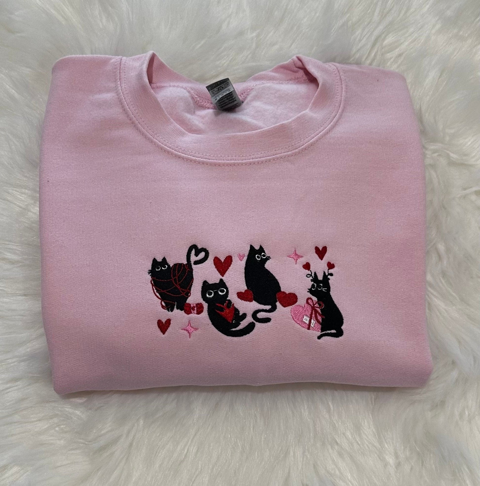 Valentines black Cats Embroidered sweatshirt, Valentine Embroidered crewneck, Valentine's Day sweatshirt, Cat Love Embroidered