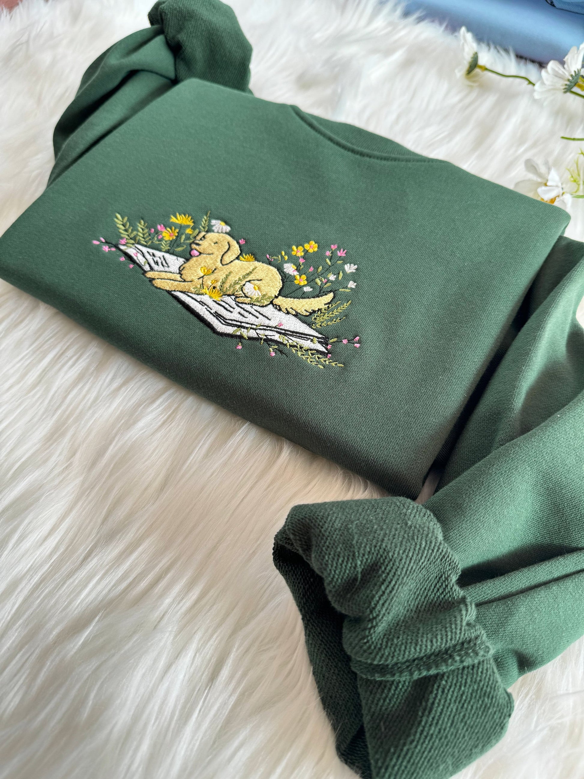 Embroidered Dog Lying On Book With Flower Sweatshirt, Cute Dog Hoodie, Book Lover Sweatshirt, Oversized Crew Neck Sweatshirt, Unisex T-shirt