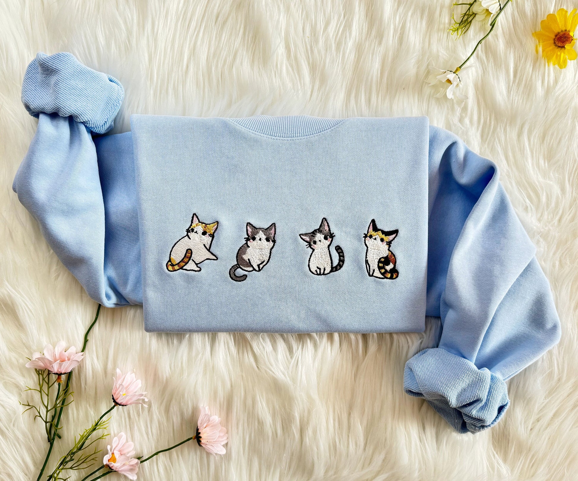 Four Cute Cats Embroidered Sweatshirt | Cute Cartoon Cats Embroidered Hoodie | Cat Lover T-shirt| Cute Embroidered Cats Crew Neck Sweatshirt