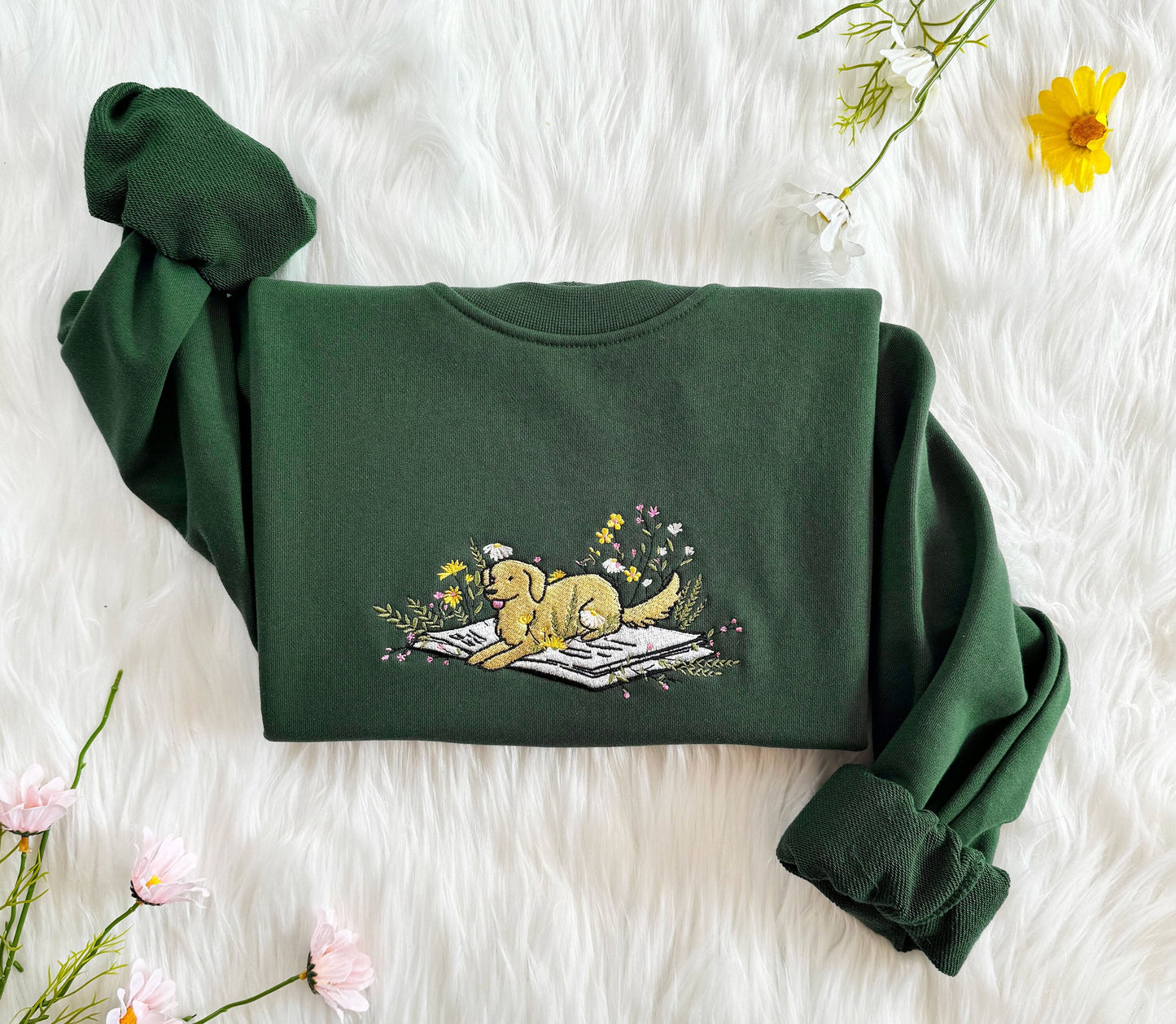 Embroidered Dog Lying On Book With Flower Sweatshirt, Cute Dog Hoodie, Book Lover Sweatshirt, Oversized Crew Neck Sweatshirt, Unisex T-shirt