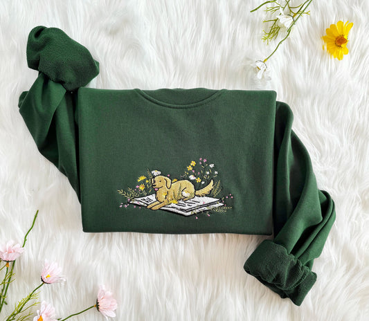 Embroidered Dog Lying On Book With Flower Sweatshirt, Cute Dog Hoodie, Book Lover Sweatshirt, Oversized Crew Neck Sweatshirt, Unisex T-shirt