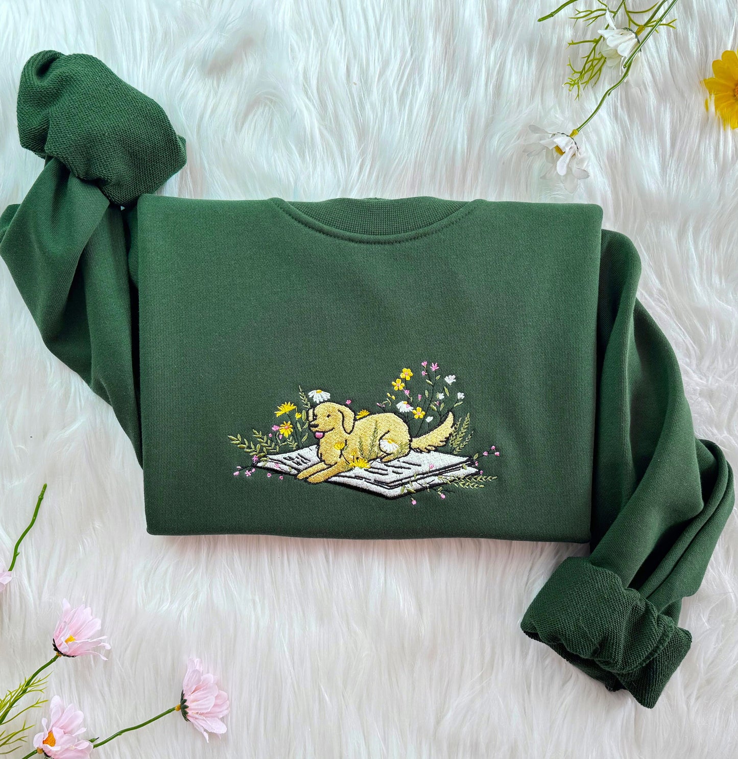 Embroidered Dog Lying On Book With Flower Sweatshirt, Cute Dog Hoodie, Book Lover Sweatshirt, Oversized Crew Neck Sweatshirt, Unisex T-shirt