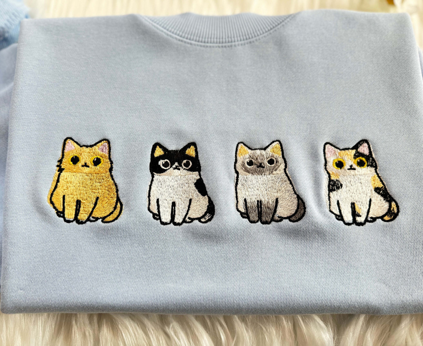 Embroidered Cute Cats Sweatshirt | Cute Cats Embroidered Hoodie | Cat Lover T-shirt | Cute Embroidered Cats Crew Neck Sweatshirt