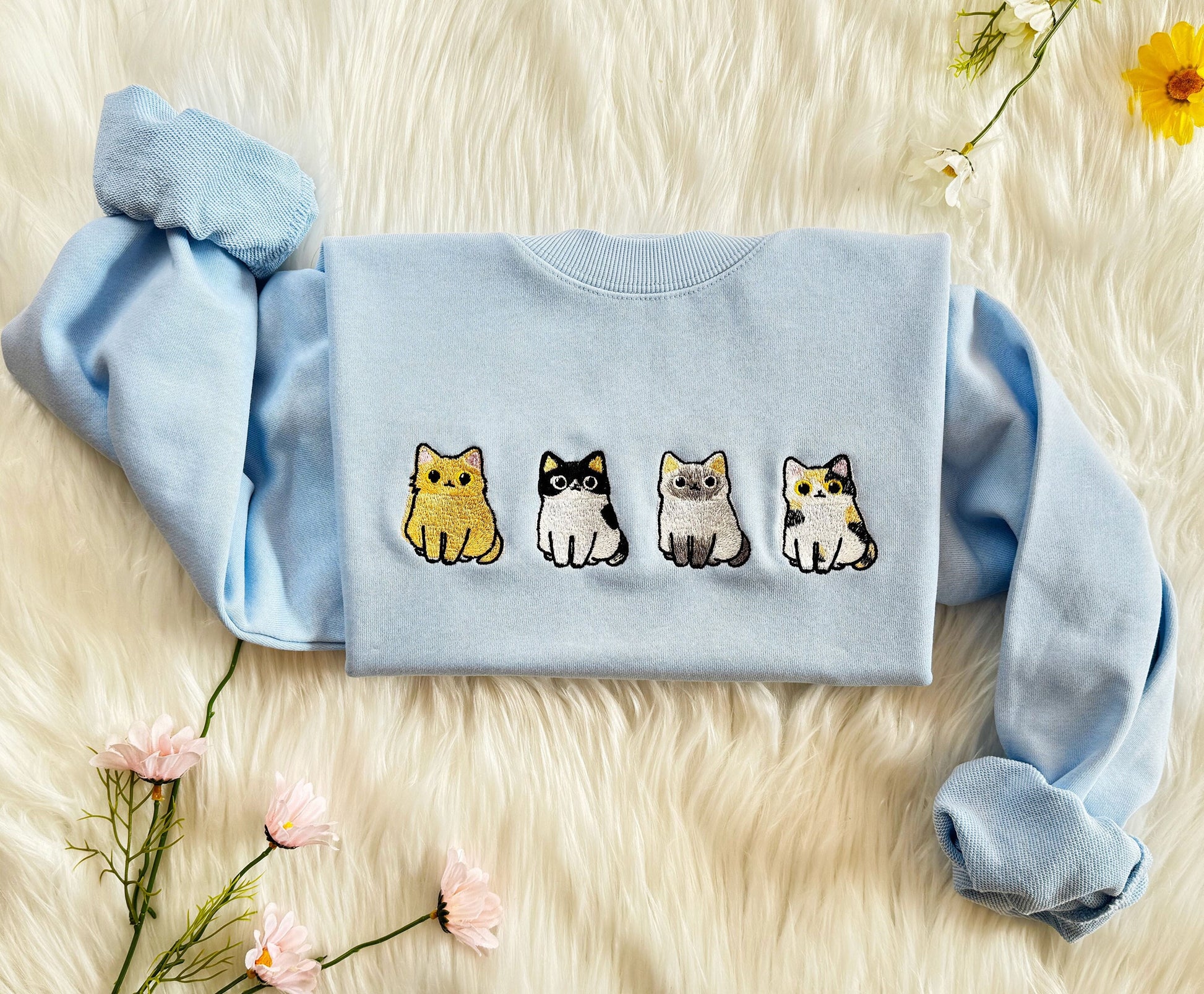 Embroidered Cute Cats Sweatshirt | Cute Cats Embroidered Hoodie | Cat Lover T-shirt | Cute Embroidered Cats Crew Neck Sweatshirt