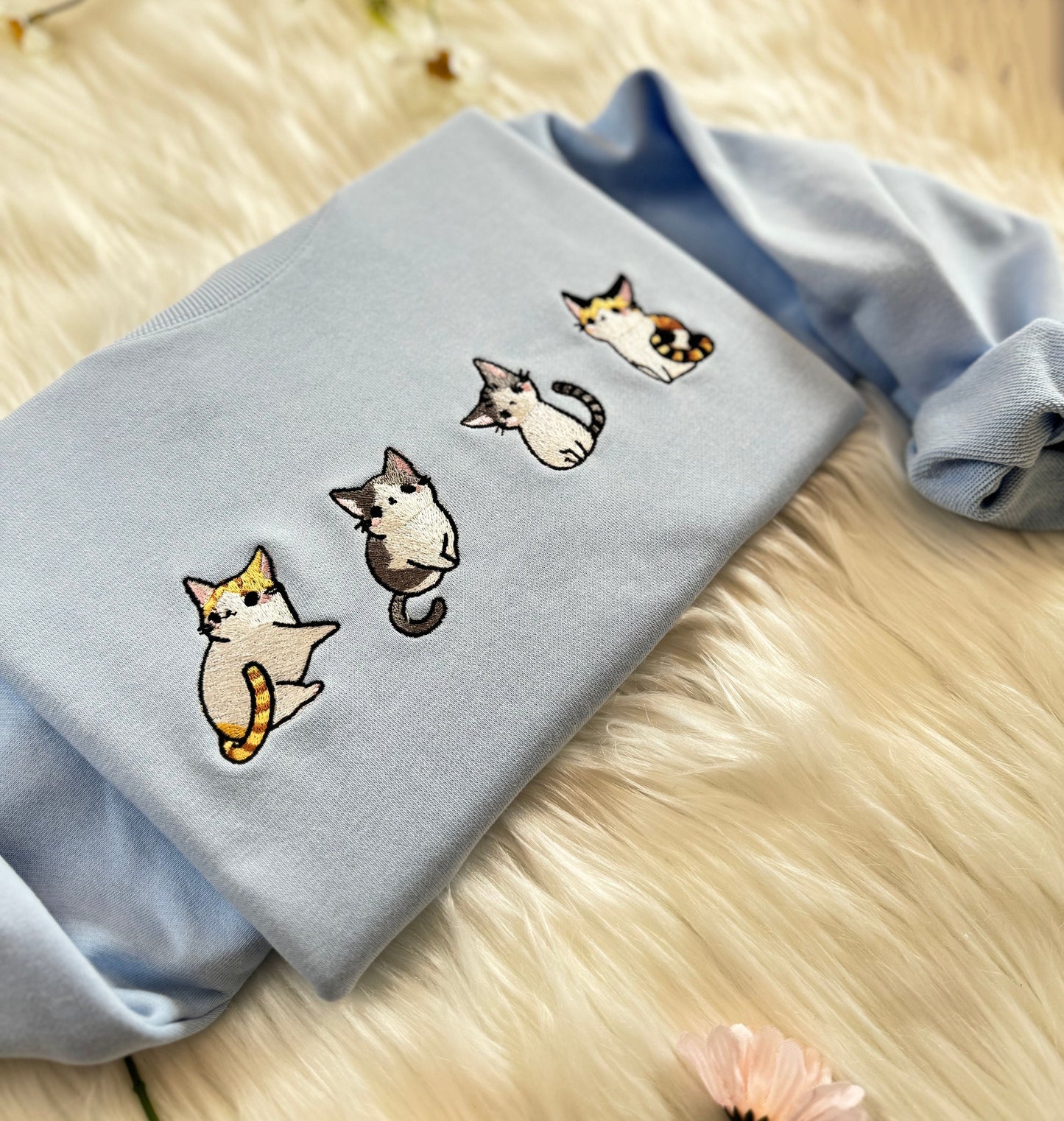 Four Cute Cats Embroidered Sweatshirt | Cute Cartoon Cats Embroidered Hoodie | Cat Lover T-shirt| Cute Embroidered Cats Crew Neck Sweatshirt