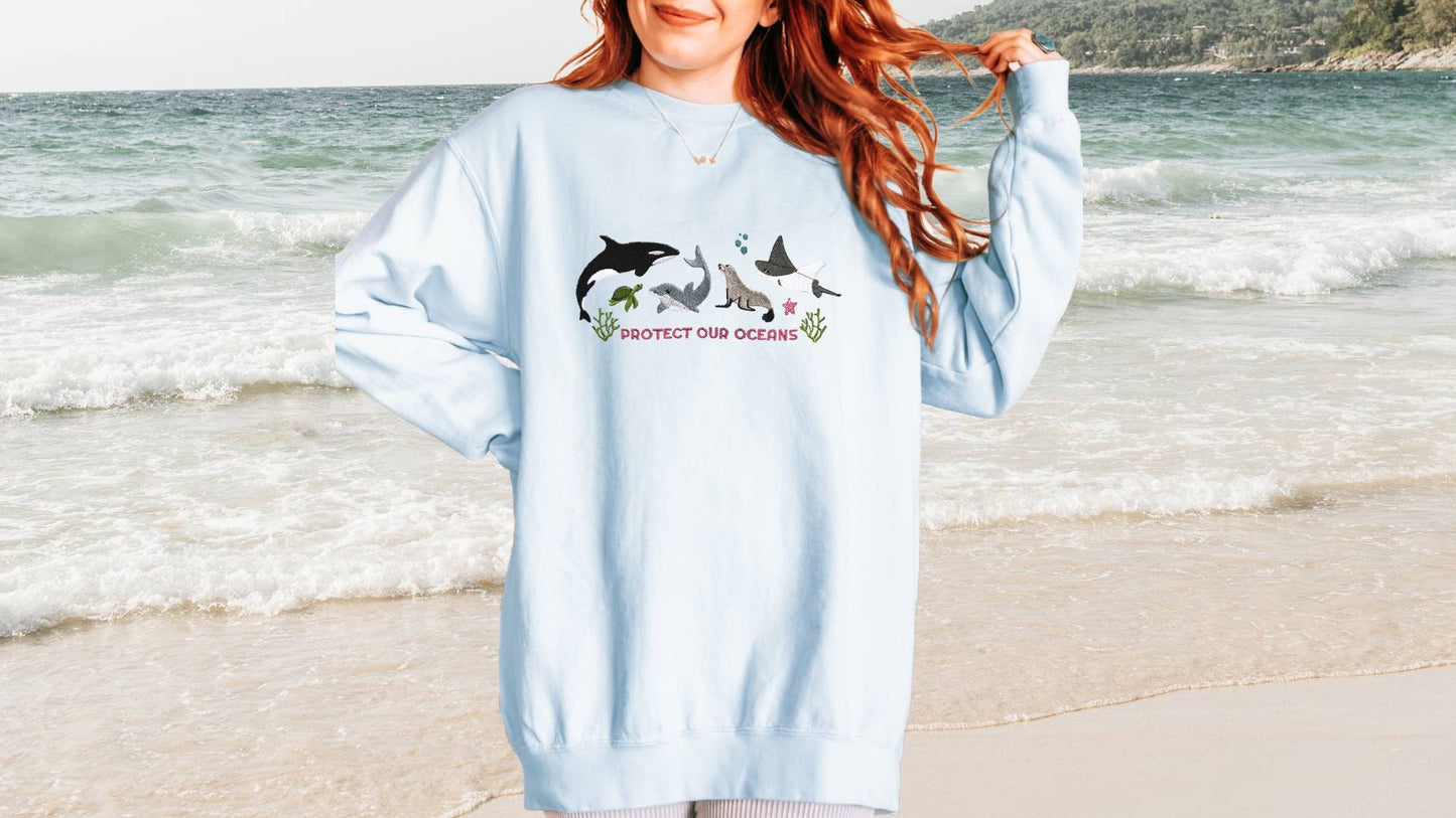 Protect Our Oceans Embroiderd Sweatshirt, Respect Local Wildlife, Protect National Parks, Granola Girl Sweatshirt, Environmental Sweatshirt