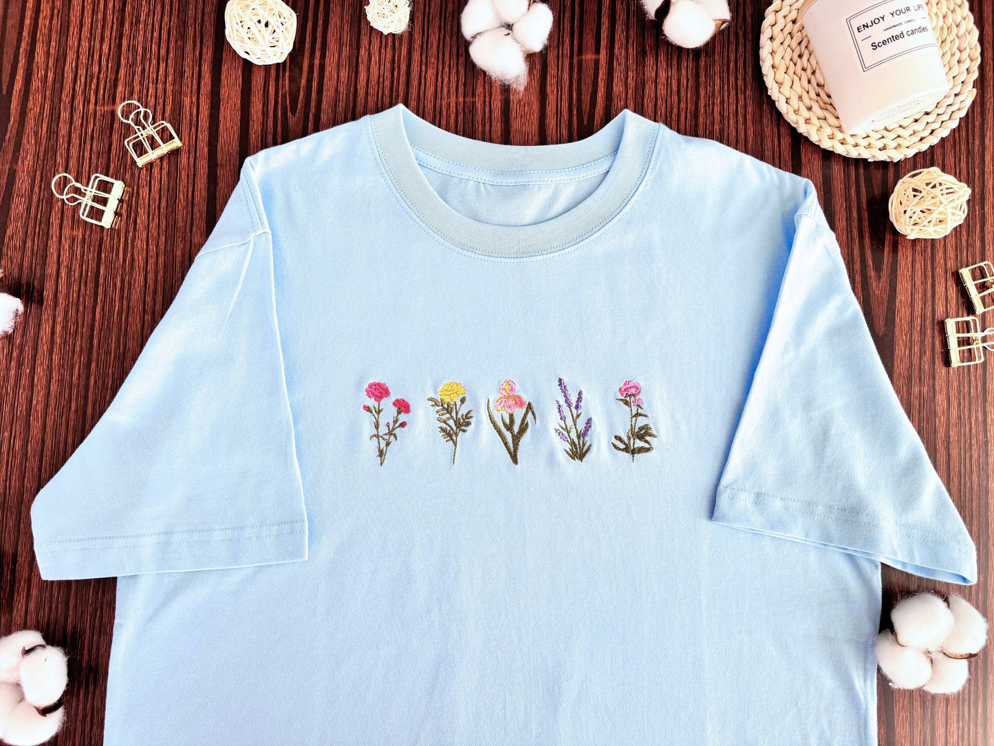 Wildflower Embroidered Unisex T-shirt | Pinky Flower Embroidered Sweatshirt | Lavender T-shirt | Embroidered Flower Crew Neck Sweatshirt