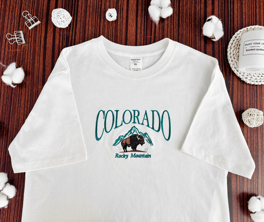 Colorado Mountain Embroidered Unisex T-shirt | Colorado Bison Embroidered T-shirt | Embroidered Unisex Sweatshirt | Crew Neck Sweatshirt