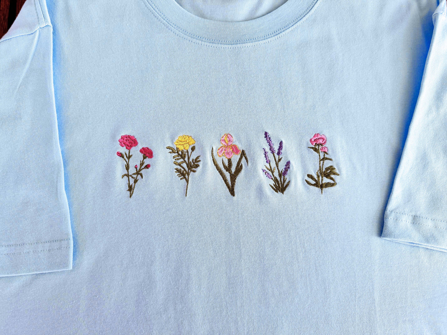 Wildflower Embroidered Unisex T-shirt | Pinky Flower Embroidered Sweatshirt | Lavender T-shirt | Embroidered Flower Crew Neck Sweatshirt