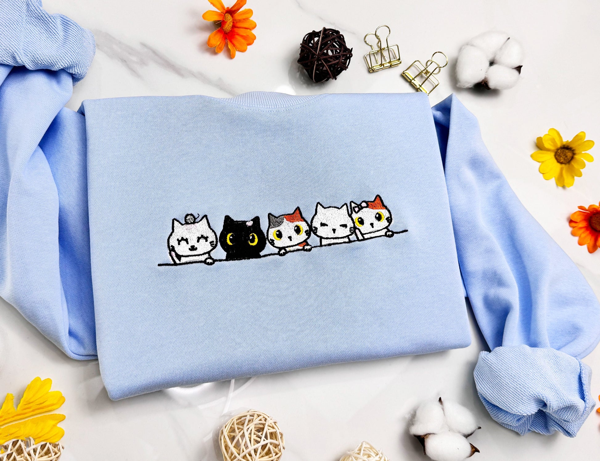 Embroidered Cat Family Sweatshirt | Cute Embroidered Cat Hoodie | Cat Lover T-shirt | Cute Embroidered Cats Crew Neck Sweatshirt