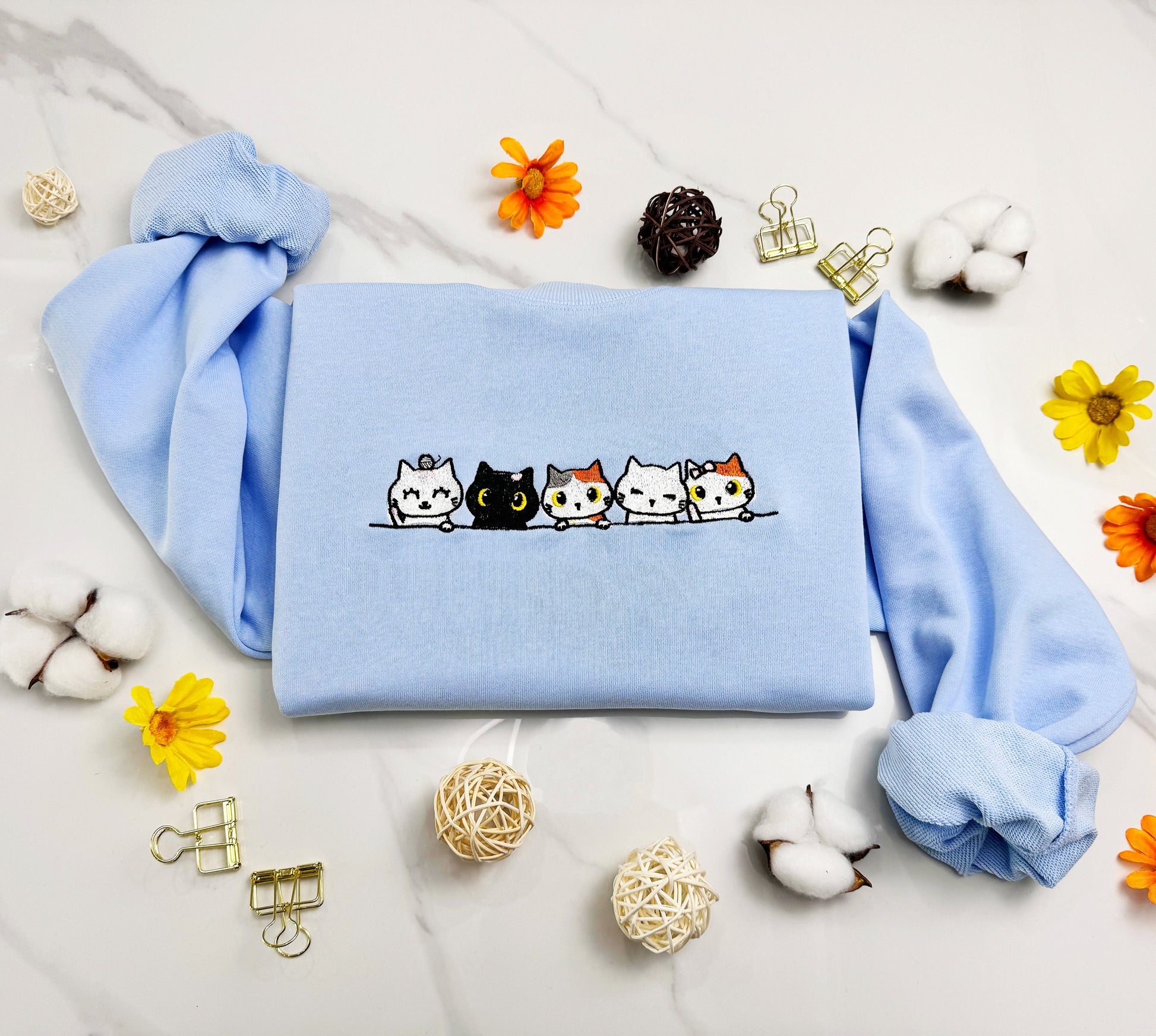 Embroidered Cat Family Sweatshirt | Cute Embroidered Cat Hoodie | Cat Lover T-shirt | Cute Embroidered Cats Crew Neck Sweatshirt