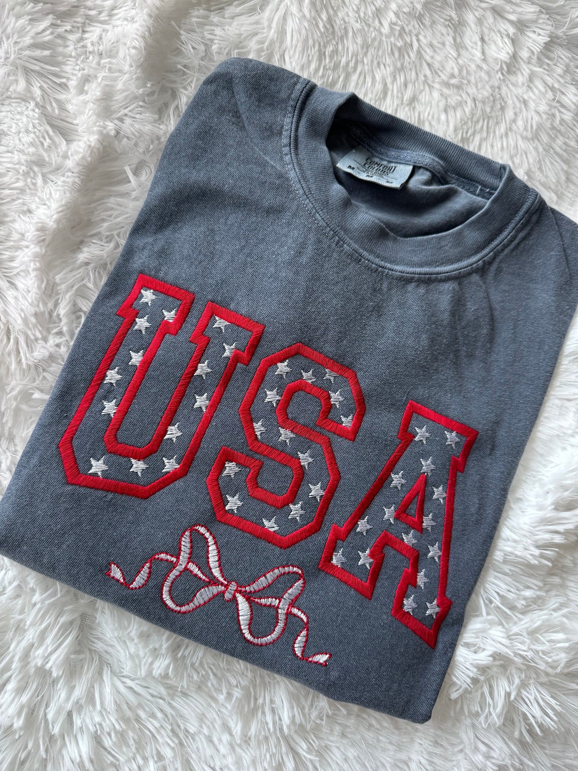 USA EMBROIDERED TSHIRT Coquette Tshirt Patriotic Cute Tshirt Coquette Bow Tshirt Embroidered Coquette Shirt Embroidered Patriotic Shirt Gift