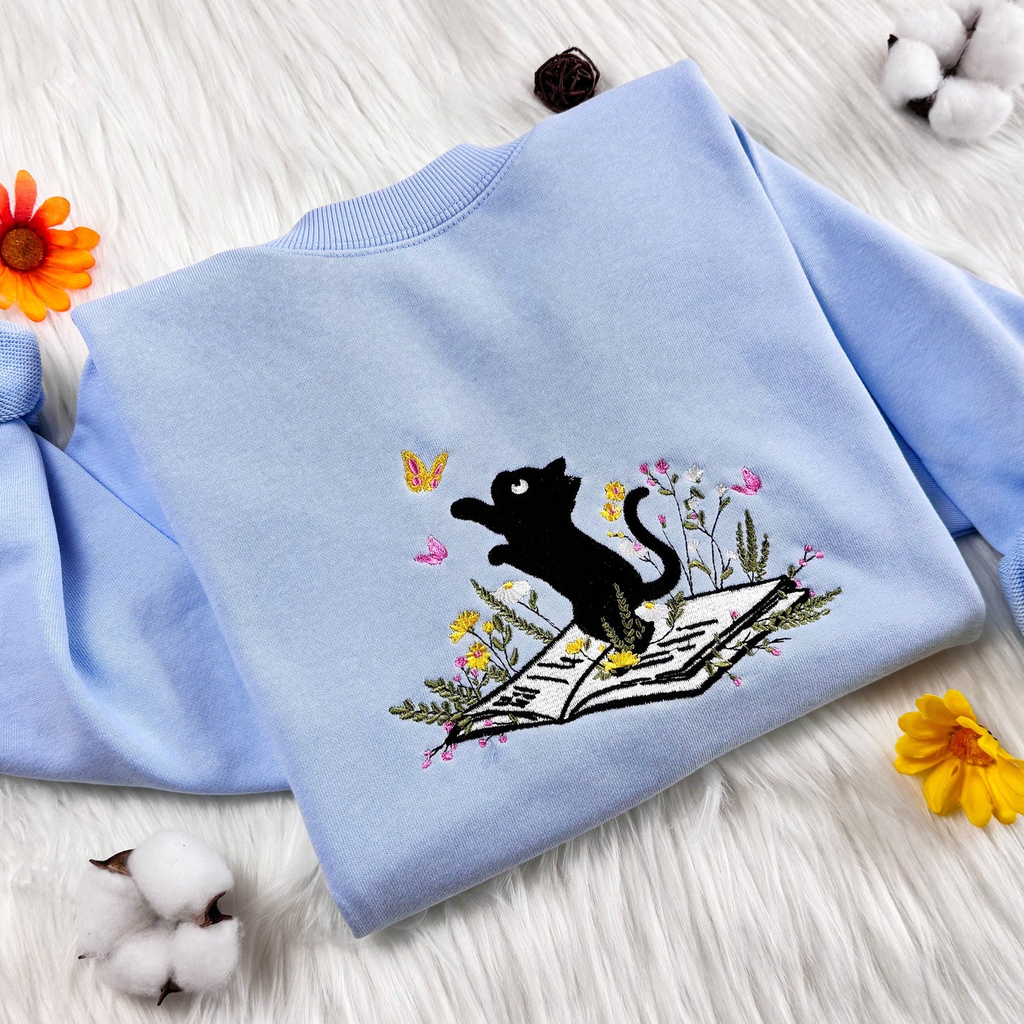 Cute Cat Chasing Butterfly On Book With Flower Embroidered Sweatshirt , Flower With Cat Embroidered Hoodie, Book Lover T-shirt, Unisex