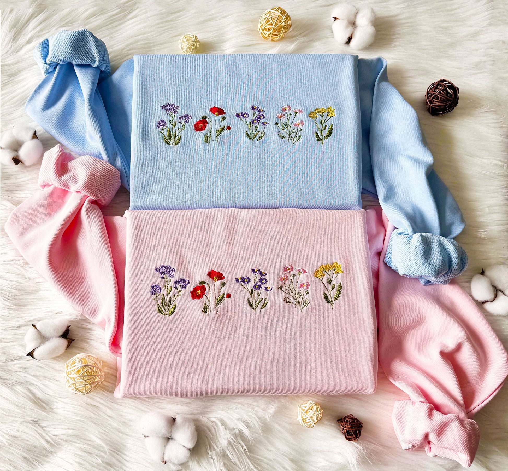 Cute Flower Embroidered Sweatshirt | Wildflower Embroidered Hoodie | Lavender T-shirt | Cute Embroidered Flower Crew Neck Sweatshirt