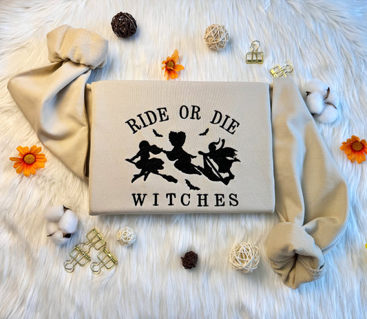 Ride Or Die Witches Halloween Embroidered Sweatshirt, Embroidered Witch Sweatshirt, Embroidered Witch Halloween Hoodie, Unisex T-shirt