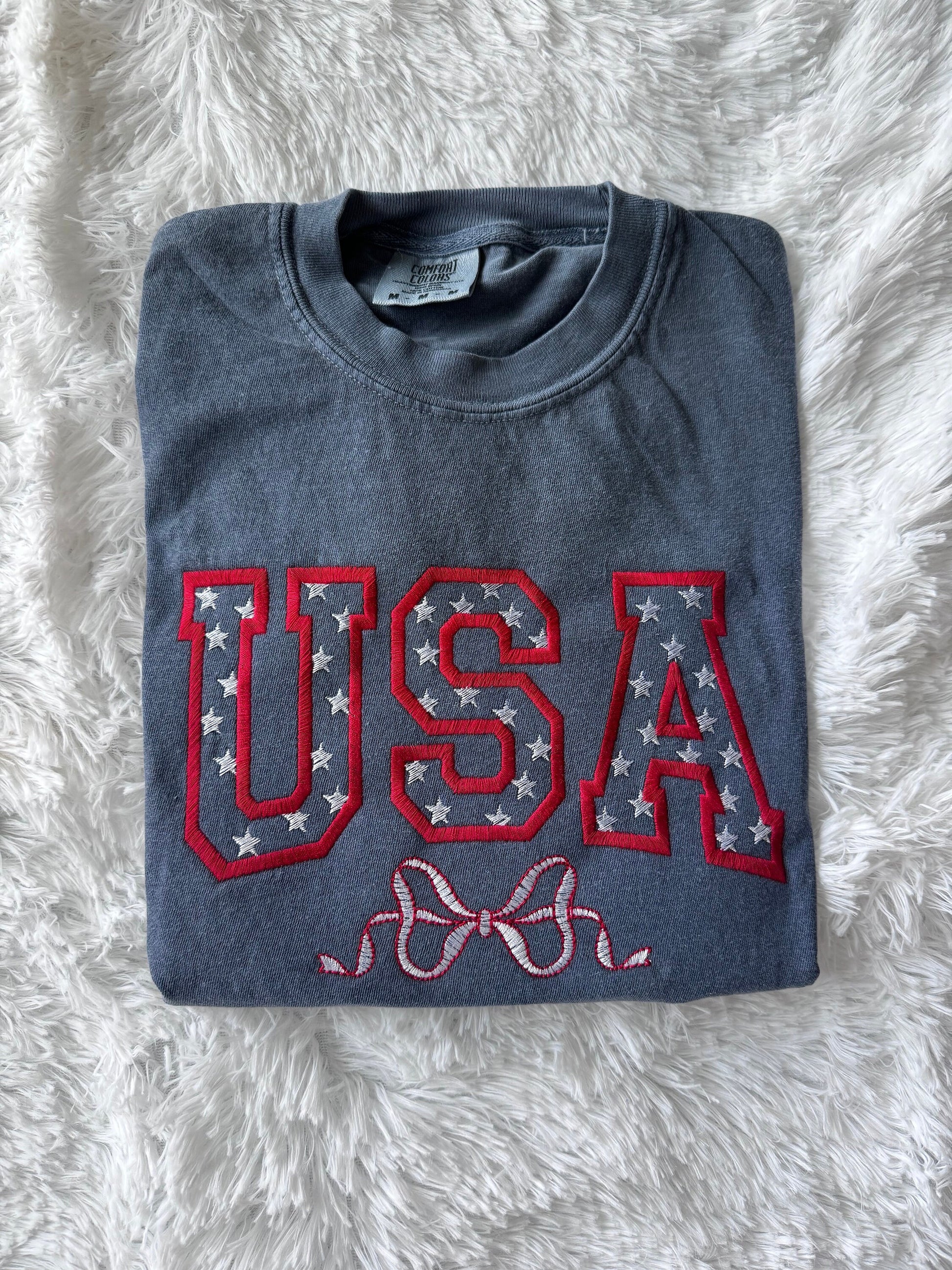 USA EMBROIDERED TSHIRT Coquette Tshirt Patriotic Cute Tshirt Coquette Bow Tshirt Embroidered Coquette Shirt Embroidered Patriotic Shirt Gift