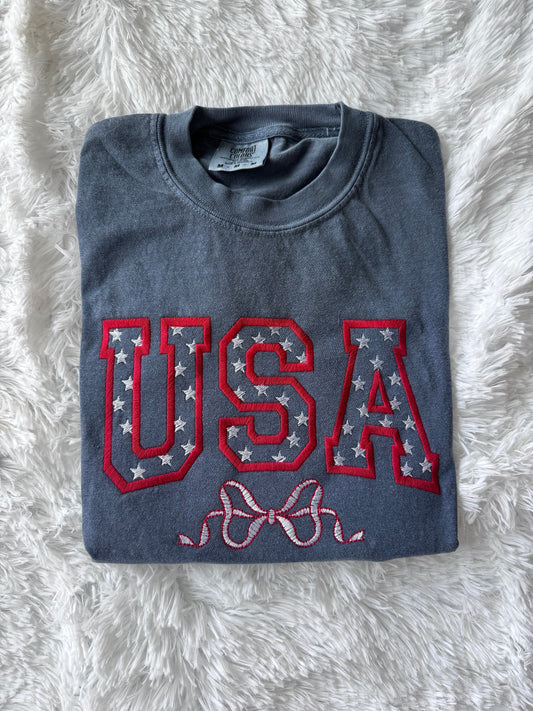 USA EMBROIDERED TSHIRT Coquette Tshirt Patriotic Cute Tshirt Coquette Bow Tshirt Embroidered Coquette Shirt Embroidered Patriotic Shirt Gift