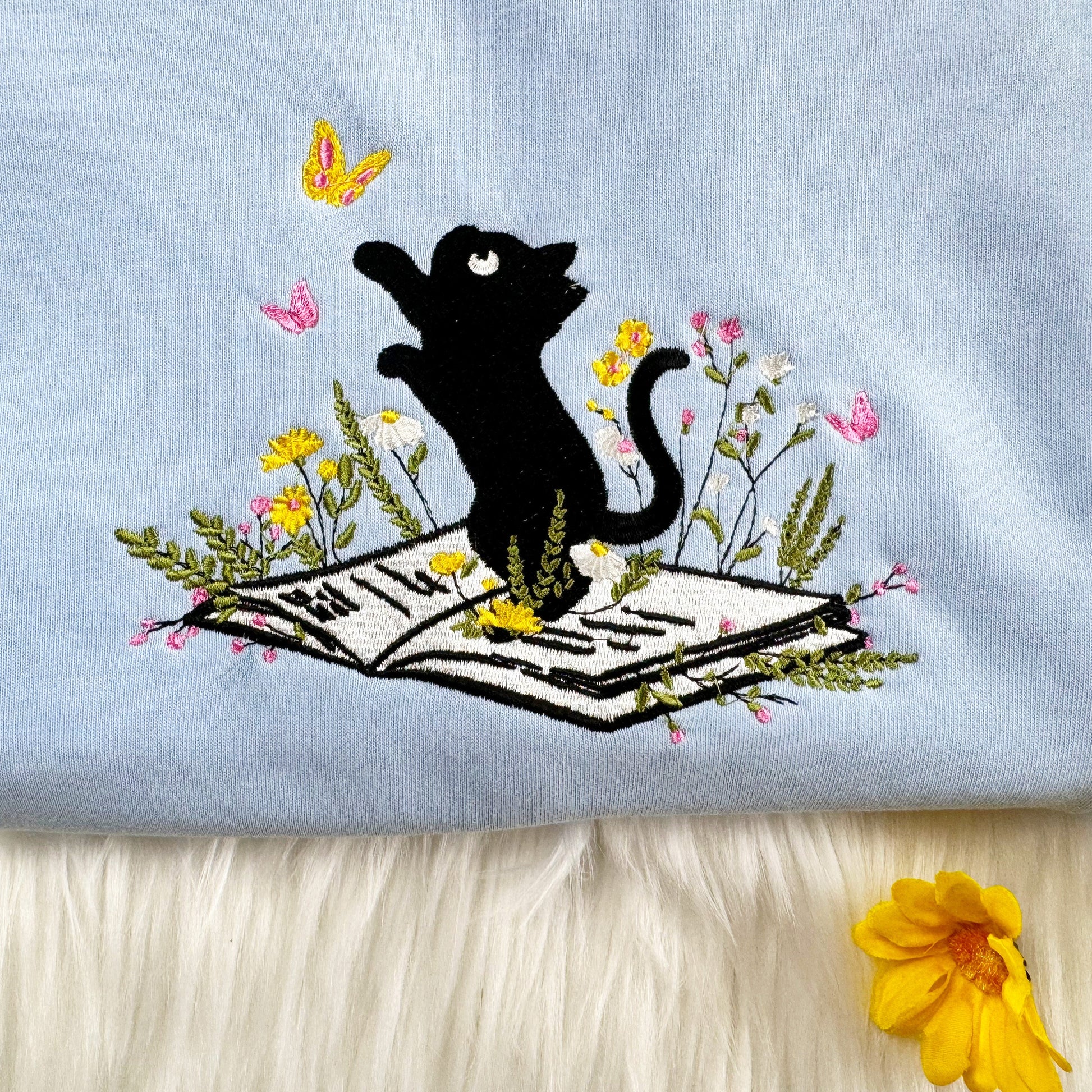 Cute Cat Chasing Butterfly On Book With Flower Embroidered Sweatshirt , Flower With Cat Embroidered Hoodie, Book Lover T-shirt, Unisex