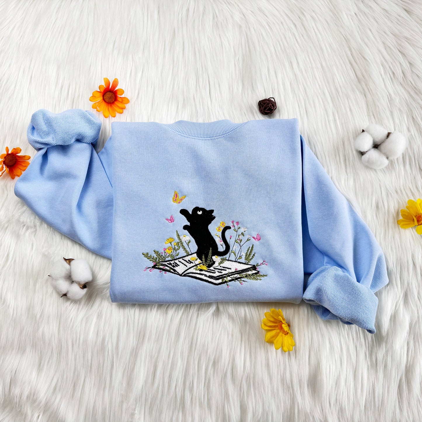 Cute Cat Chasing Butterfly On Book With Flower Embroidered Sweatshirt , Flower With Cat Embroidered Hoodie, Book Lover T-shirt, Unisex