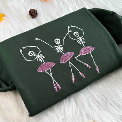 Halloween Dancing Skeleton Embroidered Sweatshirt, Pink Dress Skeleton Halloween Embroidered Sweatshirt, Funny Sweatshirt or Hoodie, Unisex