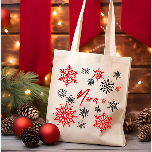 Custom Christmas Snowflake Tote Bag, Personalized Christmas Tote Bag, Holiday Bag, Christmas Gift Bag, Vacation Tote Bag, Name Tote Bag