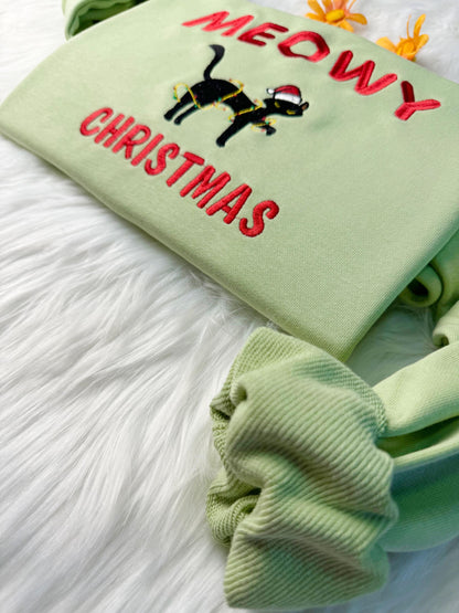 Meowy Christmas Cat Embroidered Sweatshirt, Cute Cat Embroidered Hoodie, Cat Playing Christmas lights Sweatshirt, Crew Neck Sweatshirt