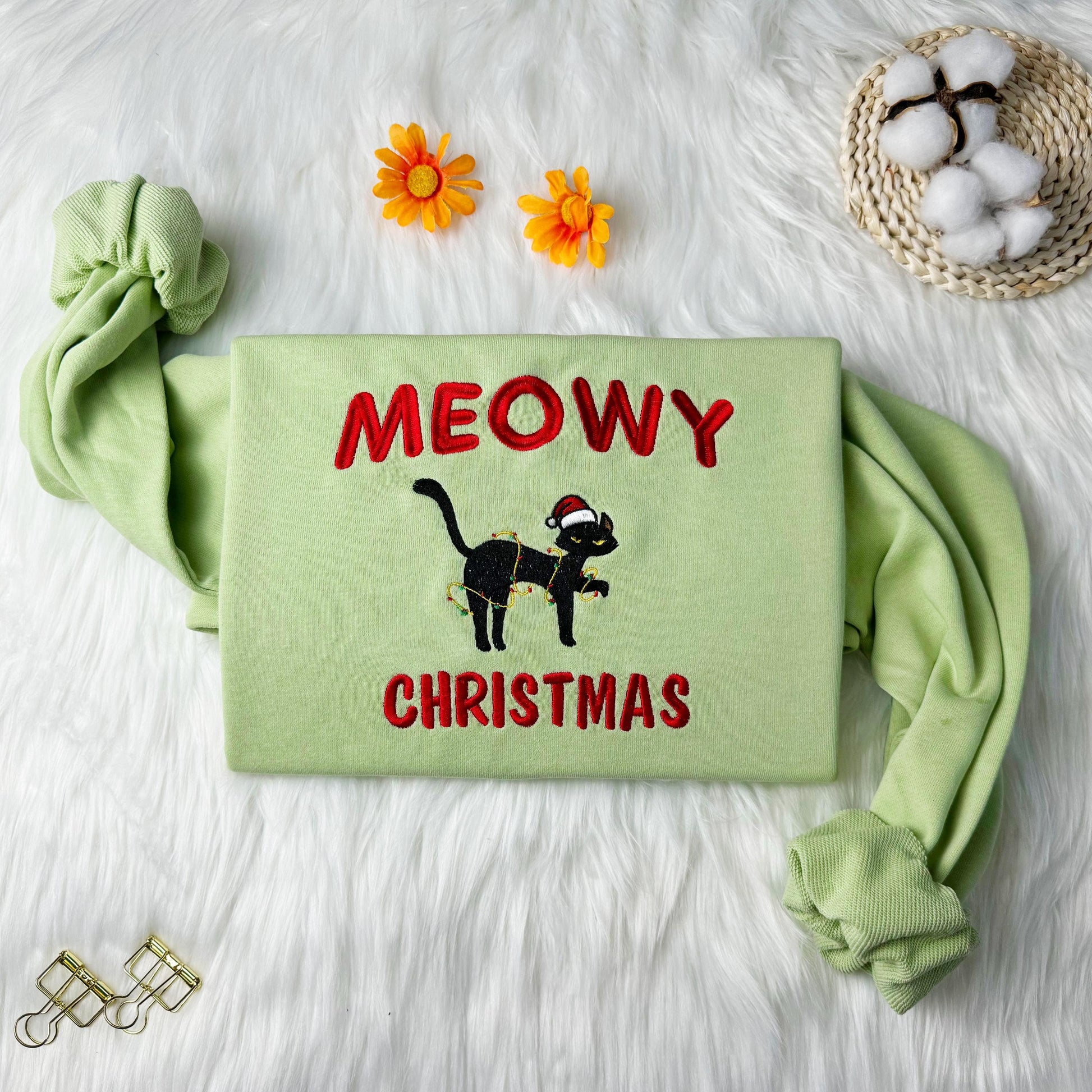 Meowy Christmas Cat Embroidered Sweatshirt, Cute Cat Embroidered Hoodie, Cat Playing Christmas lights Sweatshirt, Crew Neck Sweatshirt