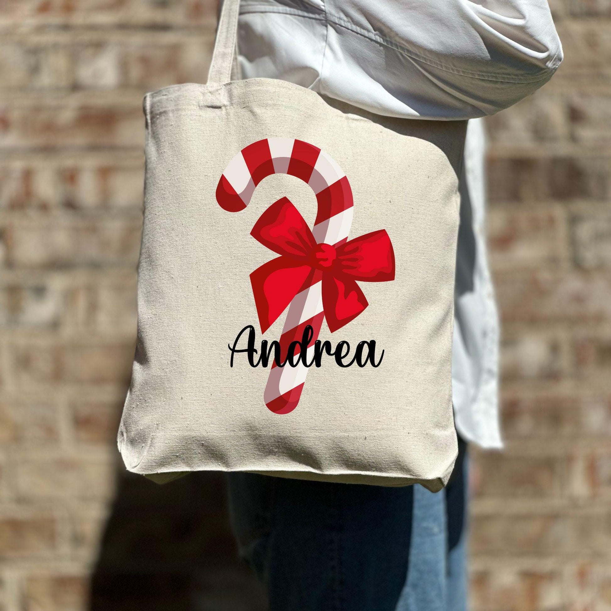 Custom Christmas Candy Cane Tote Bag, Personalized Christmas Tote Bag, Holiday Bag, Christmas Gift Bag, Vacation Tote Bag, Name Tote Bag