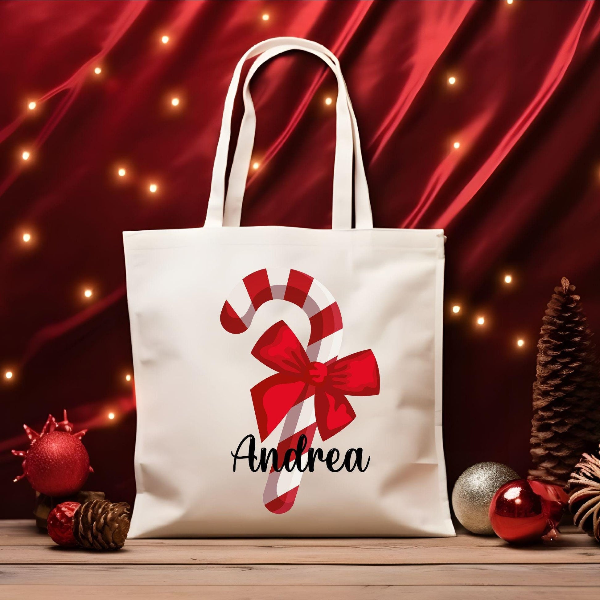 Custom Christmas Candy Cane Tote Bag, Personalized Christmas Tote Bag, Holiday Bag, Christmas Gift Bag, Vacation Tote Bag, Name Tote Bag