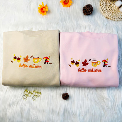 Autumn Season Embroidered Sweatshirt, Relax Mood Embroidered Sweatshirt For Fall, Coffee and Mushroom T-shirt, Unisex Crew Neck Sweatshirt