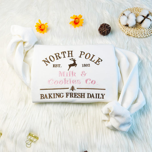 North Pole Baking Embroidered Sweatshirt, Christmas Embroidered Hoodie, Milk&Cookies Sweater, Unisex Oversized Crew Neck Sweatshirt