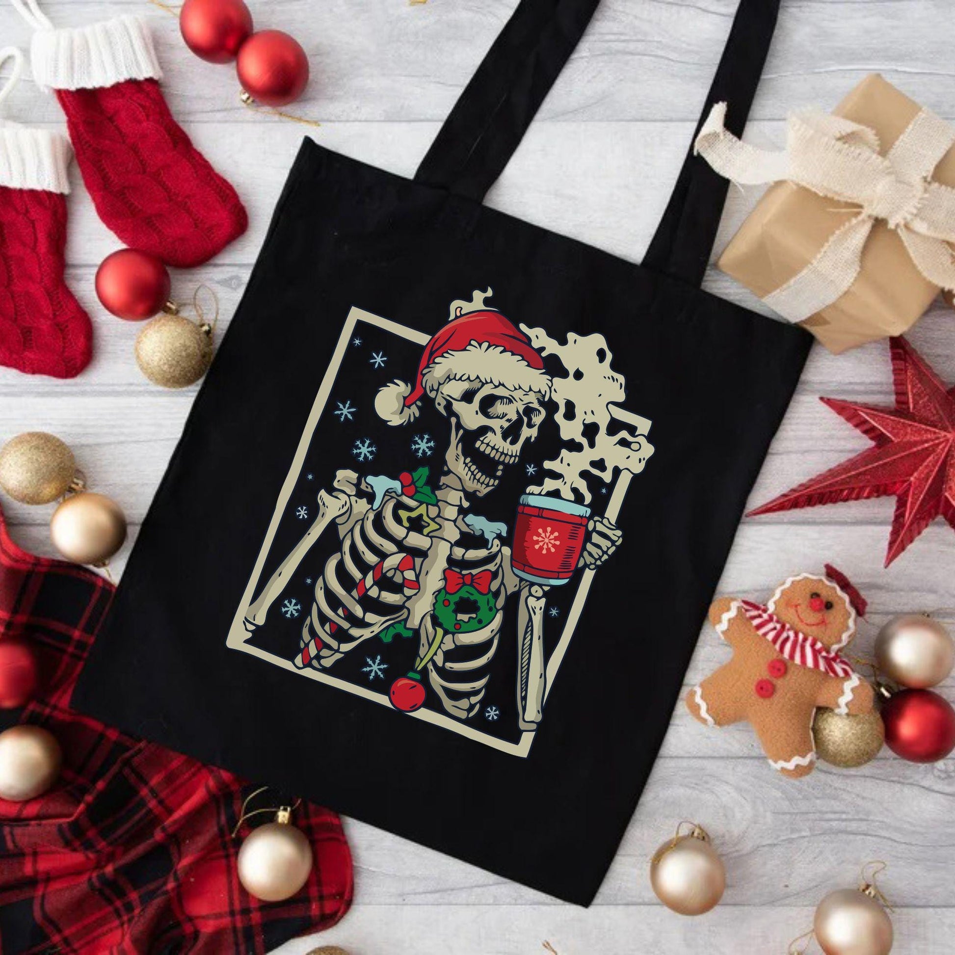 Christmas Skeleton with Coffee Tote Bag,Christmas Funny Tote Bag, Holiday Bag, Christmas Gift Bag, Vacation Tote Bag,Christmas Gift Tote Bag