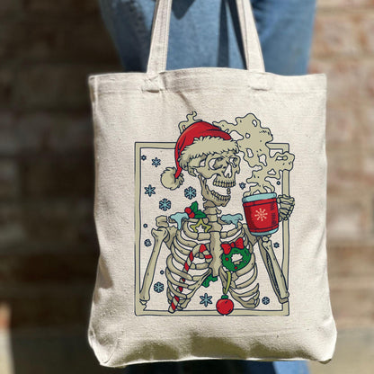 Christmas Skeleton with Coffee Tote Bag,Christmas Funny Tote Bag, Holiday Bag, Christmas Gift Bag, Vacation Tote Bag,Christmas Gift Tote Bag