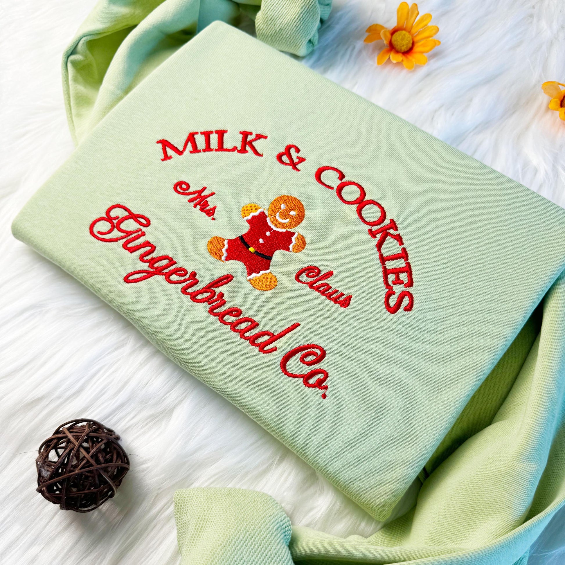 Mrs. Claus Gingerbread Co. Embroidered Sweatshirt,Milk and Cookie Embroidered Hoodie, Cute Candy Sweater, Crew Neck Christmas Sweatshirt