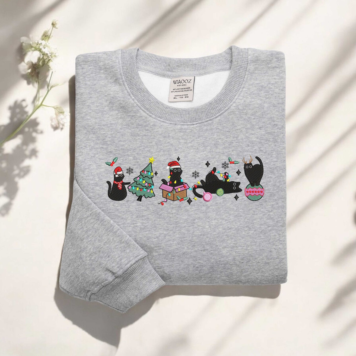 Embroidered Christmas Cats Sweatshirt Meowy Christmas Cats Embroidered Sweatshirt Black Cats Sweatshirt Christmas Embroidered Sweatshirt