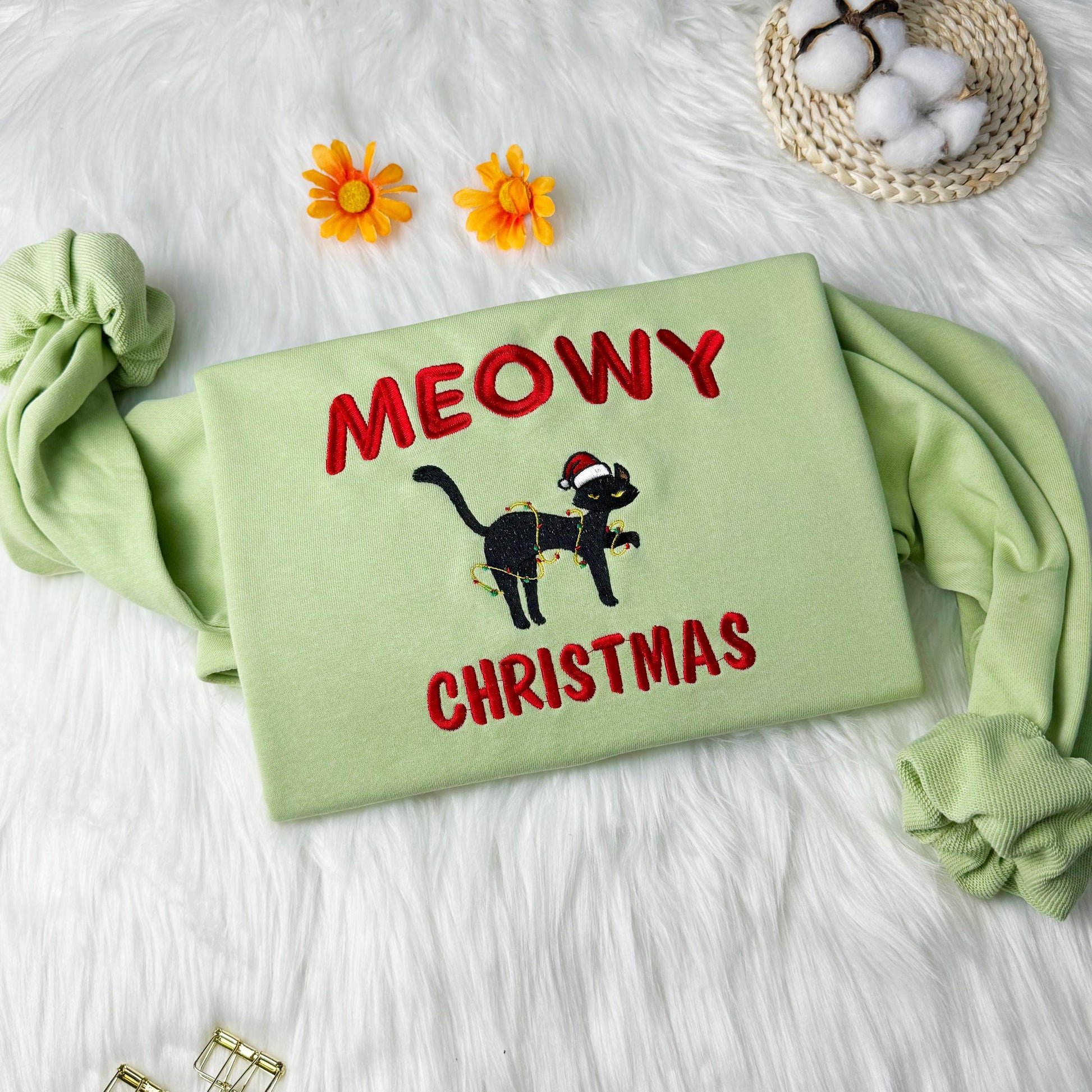 Meowy Christmas Cat Embroidered Sweatshirt, Cute Cat Embroidered Hoodie, Cat Playing Christmas lights Sweatshirt, Crew Neck Sweatshirt