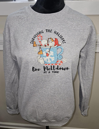 MELTDOWN Christmas crewneck sweatshirts, holiday sweater, christmas sweater, embroidered sweatshirt, gingerbread, Santa, Christmas gift