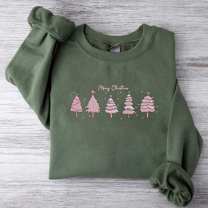 Pink Tree Christmas Sweatshirt Christmas Embroidered Sweatshirt Christmas Sweater Christmas Tree Sweatshirt Winter Sweatshirt