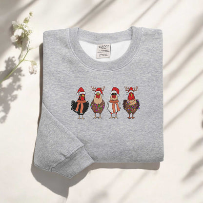 Christmas Chickens Sweatshirt Christmas Embroidered Sweatshirt Christmas Farm Animals Sweatshirt, Christmas Holiday Sweatshirt Gift