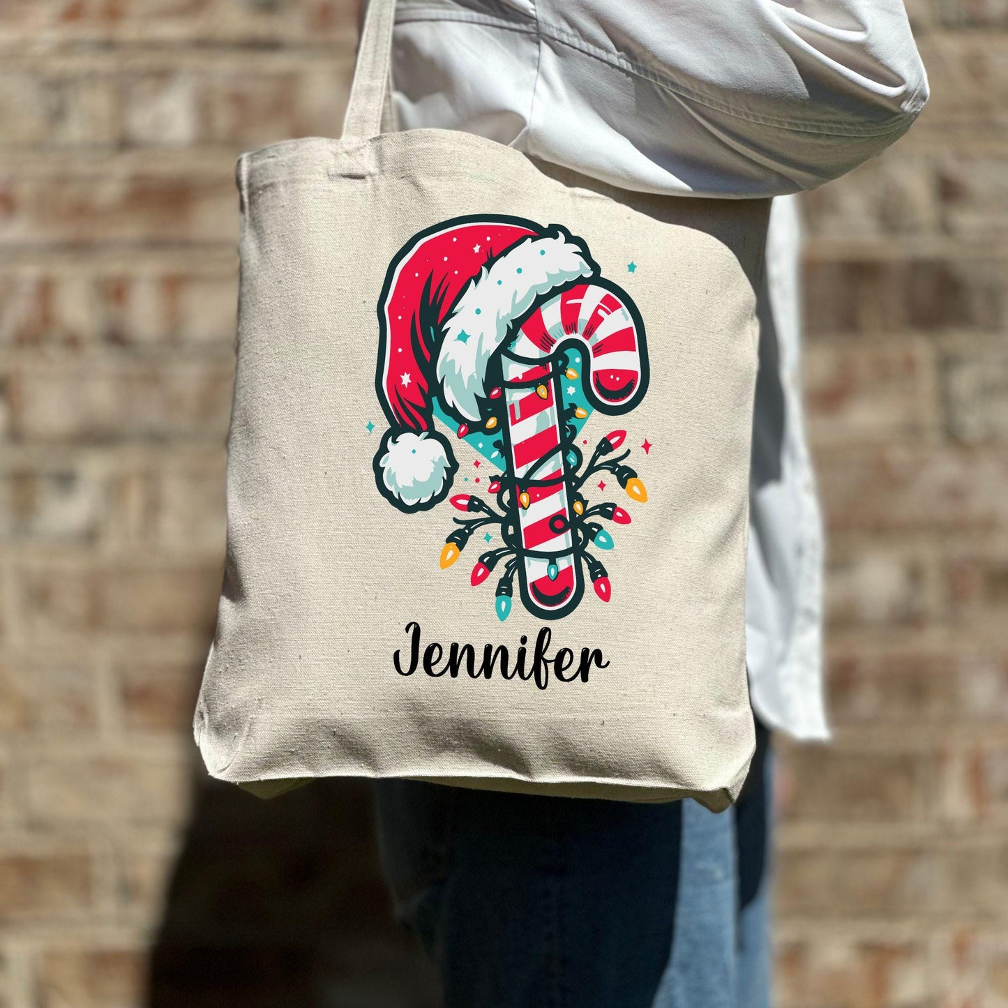 Custom Christmas Candy Cane Tote Bag, Personalized Christmas Bag, Holiday Bag, Christmas Gift Bag, Vacation Tote Bag, Name Tote Bag