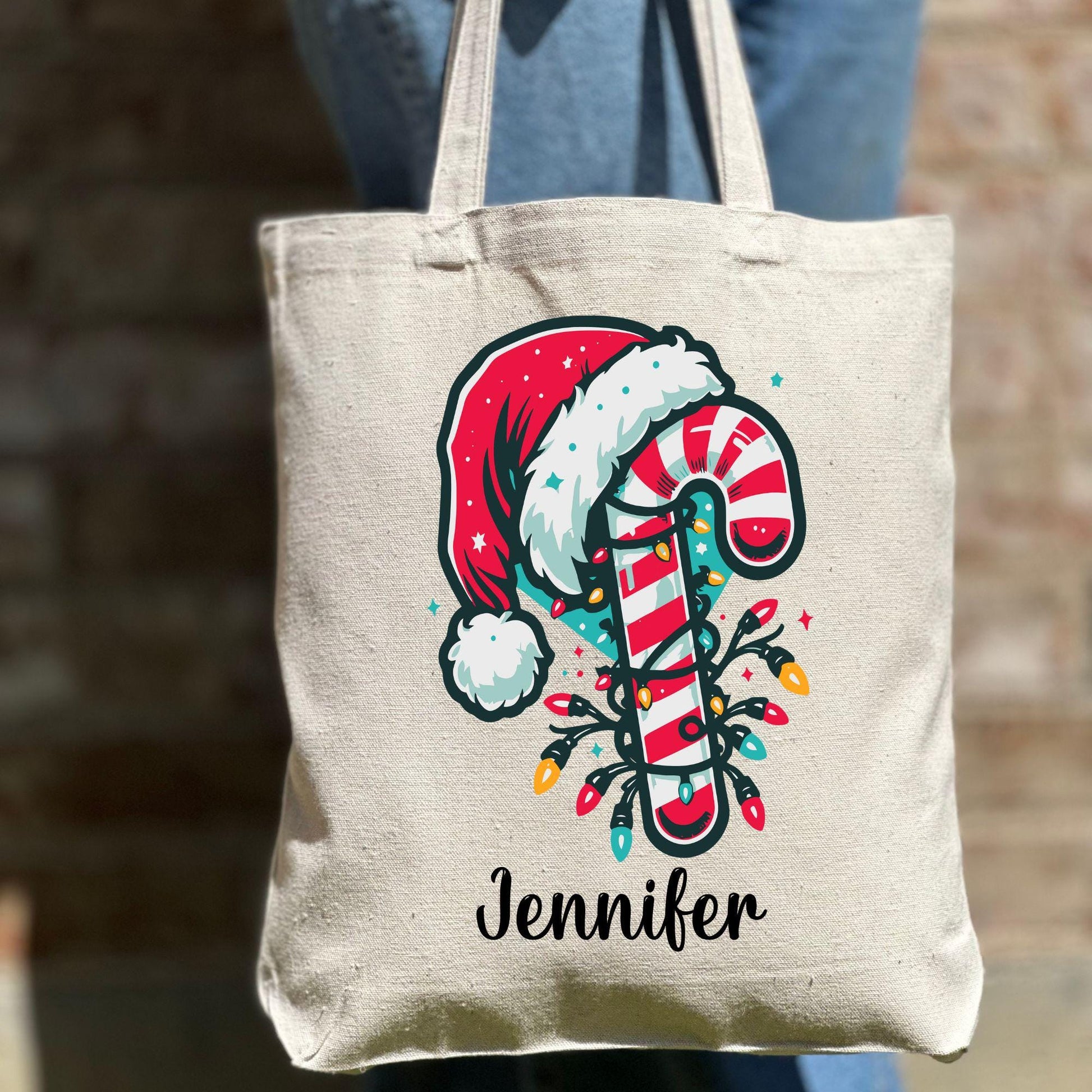 Custom Christmas Candy Cane Tote Bag, Personalized Christmas Bag, Holiday Bag, Christmas Gift Bag, Vacation Tote Bag, Name Tote Bag