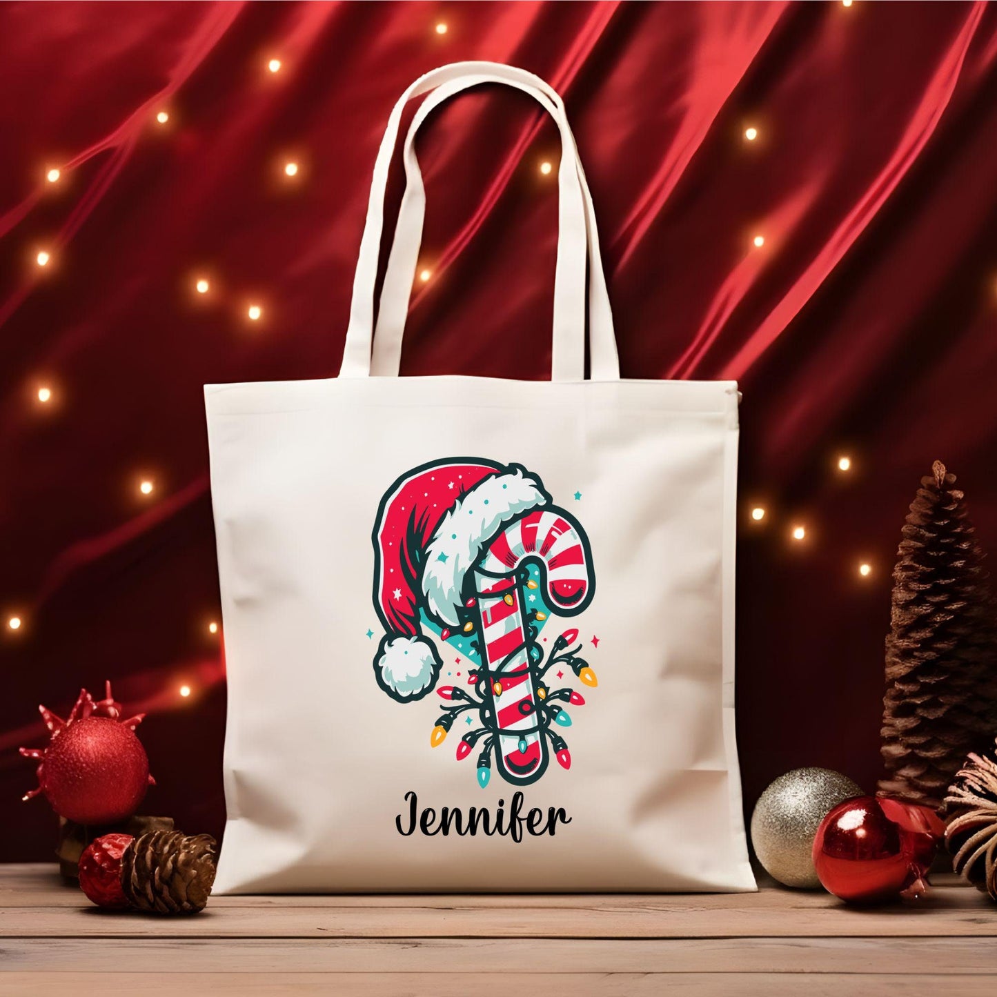 Custom Christmas Candy Cane Tote Bag, Personalized Christmas Bag, Holiday Bag, Christmas Gift Bag, Vacation Tote Bag, Name Tote Bag