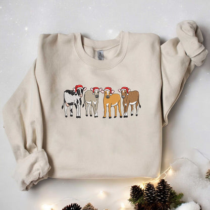 Christmas Cow Sweatshirt Cow Embroidered Sweatshirt Christmas Embroidered Sweatshirt Cow Lover Gift Farm Christmas Sweatshirt