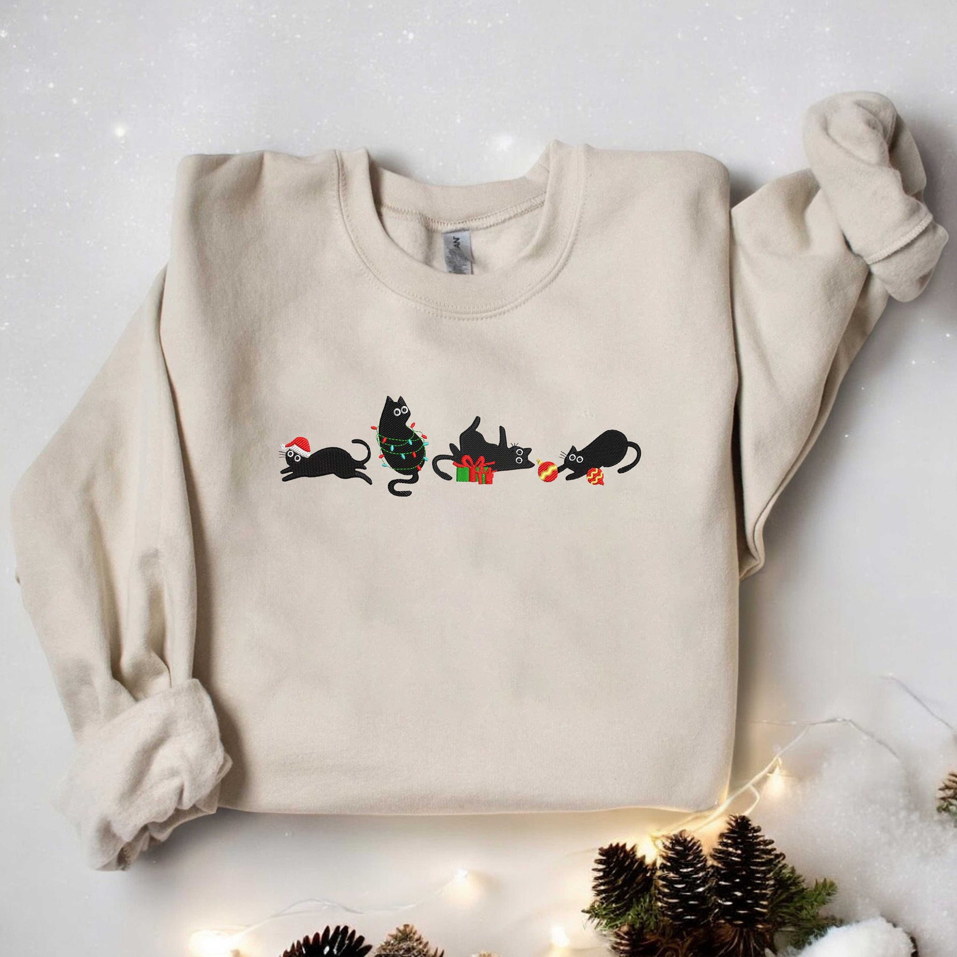 Embroidered Christmas Cats Sweatshirt Meowy Christmas Cats Embroidered Sweatshirt Christmas Embroidered Sweatshirt Black Cats Sweatshirt